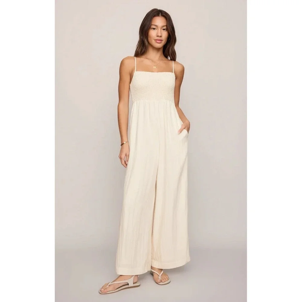 Z Supply Beachside Tube top Wide Leg Flowy Jumpsuit  Smoked White Women's S NWT